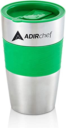 AdirChef Travel Mug 15 Oz - Insulated BPA Free Stainless Steel Vacuum Tumbler w/Spill Proof Slide Lid for Hot/Cold Drinks Great for Outdoor, Driving, Home or Office Use (Green)
