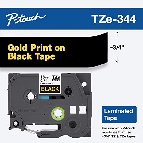 Brother Genuine P-Touch TZE-344 Tape, 3/4" (0.7 mm) Standard Laminated P-Touch Tape, Gold on Black, Laminated for Indoor or Outdoor Use, Water-Resistant, 26.2 ft (8 m), Single-Pack