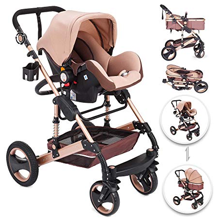 VEVOR 3 in 1 Foldable Luxury Baby Stroller Travel System with Anti-Shock Springs Newborn Baby Pushchair Adjustable High View Pram Travel System Infant Carriage Pushchair (Anti-Shock/Luxury, 3in1)