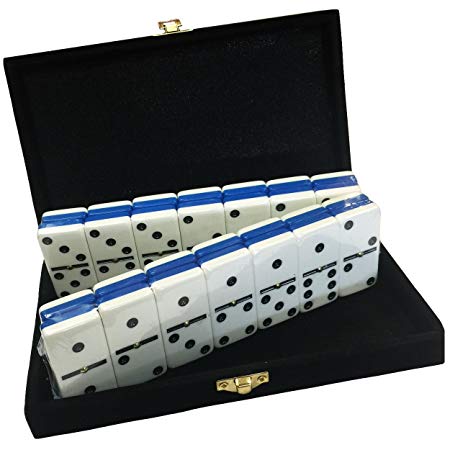 Domino Double Six - Blue & White Two Tone Tile Jumbo Tournament Size w/Spinners in Deluxe Velvet Case