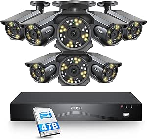 ZOSI 16CH 4K PoE Home Security Camera System, 16 Port 32CH 4K 8MP PoE NVR with 4TB HDD(2 SATA Ports for Extended Record), 8 X 4K PoE IP Bullet Camera with Audio, Starlight Night Vision, Human Detect