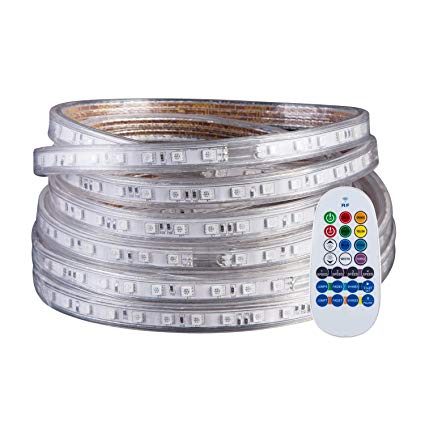 GuoTonG 32.8ft/10m Dimmable Strip Lights kit, Flexible RGB 600 LEDs, 110V, 4 Wires, Waterproof, Connectable, UL Listed Power Supply,Power Plug Built-in Fuse Design, Radio Frequency Controller