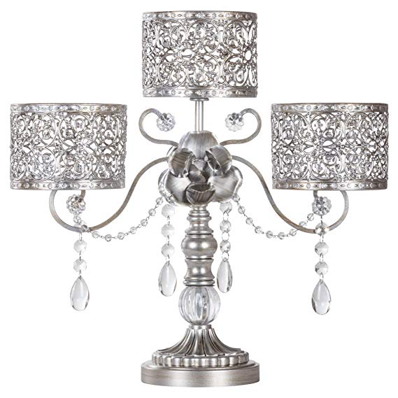 Amalfi Décor Victoria Antique Silver Metal 3 Pillar Candle Holder, Wedding Table Hurricane Centerpiece Crystal Draped Accent Stand Display