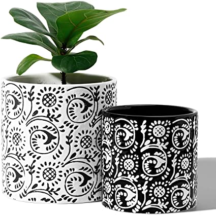 POTEY 051802 Plant Pots with Drainage Holes - 5.9  4.7 Inch Ceramic Cylinder Planters Indoor with Black Pattern for Christmas Plants Flower Succulent, Set of 2