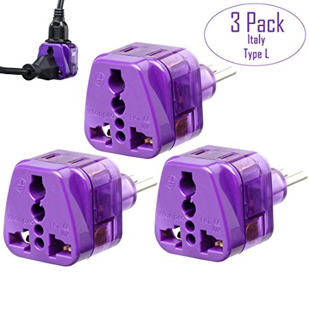 Italy Travel Adapter by Yubi Power 2 in 1 Universal Travel Adapter with 2 Universal Outlets - Grounded - Built in Surge Protector - Type L for Chile,Italy,& More.. - 3 Pack Adapter Set - Purple