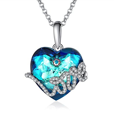 Silver Blue Heart Swarovski Crystal Pendant Necklace，Engraved "I Love You Forever", Fashion Jewelry Gift for Women