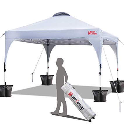 MASTERCANOPY Patio Pop Up Instant shelter 10x10 Beach Canopy Better Air Circulation Canopy with Wheeled Backpack Carry Bag (White)