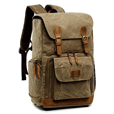 S-ZONE Waterproof Waxed Canvas Camera Backpack Camera Case 14 inch Laptop and Tripod (2-Khaki)