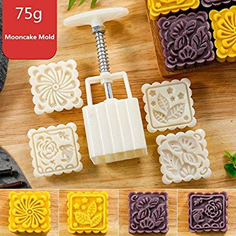 Fullive 75G Mooncake Mold,Square Hand Press Mooncake Mold DIY Baking Mold with 4 Random Stamps