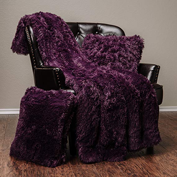 Chanasya 3-Piece Super Soft Shaggy Throw Blanket Pillow Cover Set - Chic Fuzzy Faux Fur Elegant Fleece Sherpa Throw (50"x65") & Two Throw Pillow Covers (18"x 18")- For Bed Couch Chair Sofa - Aubergine