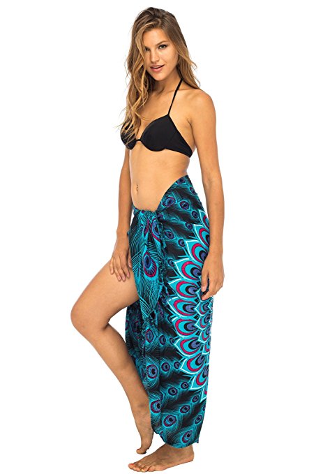 Back From Bali Womens Sarong Swimsuit Cover up Mandala Peacock Beach Wear Bikini Wrap Skirt with Coconut Clip