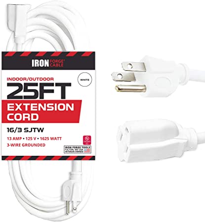 25 Ft Outdoor Extension Cord - 16/3 SJTW Durable White Electrical Cable