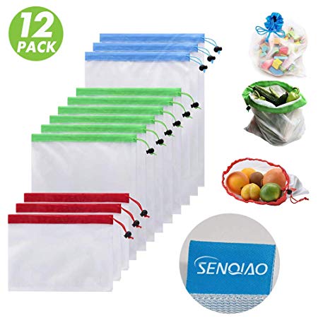 SENQIAO Premium Reusable Mesh Produce Bags, See-Through, Eco Friendly Recyclable Packaging Bags with Drawstrings for Grocery Shopping and Snack Bags, Large, Medium, Small, Set of 12