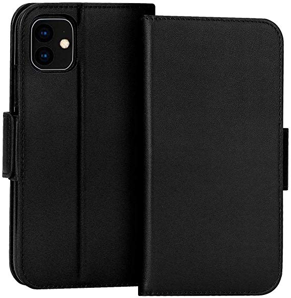 FYY Case for iPhone 11 6.1”, Luxury [Cowhide Genuine Leather][RFID Blocking] Wallet Case, Handmade Flip Folio Case Cover with [Kickstand Function] and[Card Slots] for Apple iPhone 11 6.1” Black