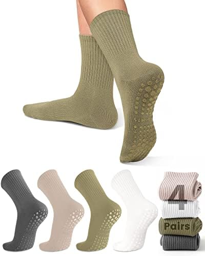 yeuG Non Slip Pilates Socks with Grips for Women, Grip Socks for Yoga Ballet Dance Barefoot Workout Anti Skid Crew Socks