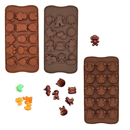 Poproo Animal Shaped Candy Mold 3-Piece Chocolate Molds Ice Cube Tray - Animal Heads, Figures, Pig Face (Set of 3)