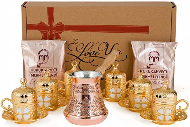 CopperBull Premium Turkish Greek Coffee Espresso Full Set with Copper Pot, Cups, Coffee for 6 (Gold)