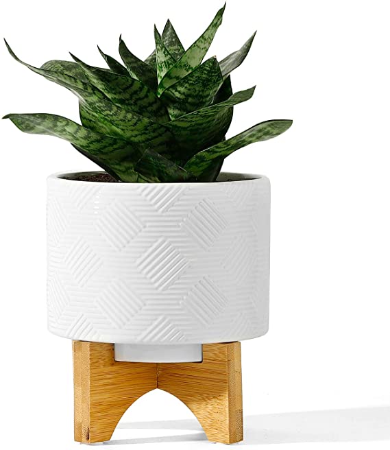 POTEY Mid Century Ceramic Planter Indoor - 5.2 Inch Medium Flower Plant Pots Houseplants Garden with Foldable Wood Stand, Drainage Hole, White