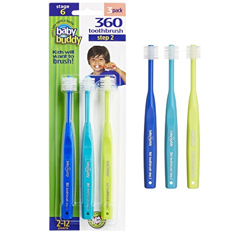 Baby Buddy 360 Toothbrush Step 2 Stage 6 for Ages 2-12 Years, Kids Love Them, Royal-Teal-Lime, 3 Count