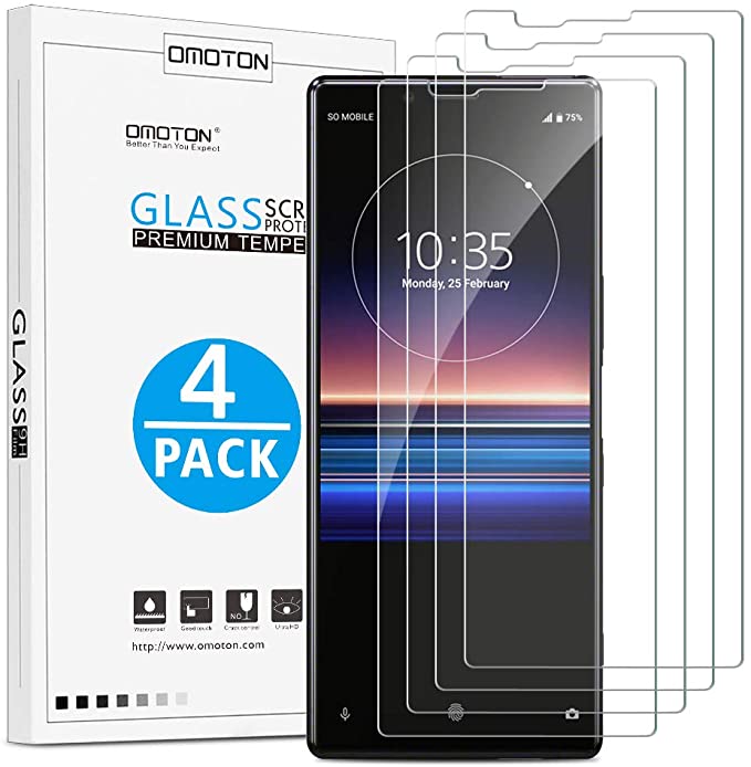 OMOTON [4 Pack Screen Protector Compatible with Sony Xperia 1, Tempered Glass with [2.5D Round Edges][Scratch Resist][High Definition][Bubble Free][Easy Installation]