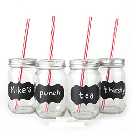 Chalkboard Mason Jar Mugs with Tin Lid, Plastic Straws and Chalk. 16 Oz. Each. Old Fashion Drinking Glasses - Pack of 4. By Lily's Home