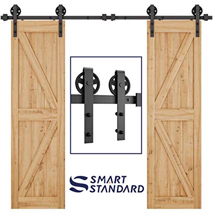 SMARTSTANDARD 8ft Heavy Duty Double Door Sliding Barn Door Hardware Kit-Smoothly and Quietly - Easy to install - Includes Step-By-Step Installation Instruction Fit 24" Wide Door Panel(Bigwheel Hanger)