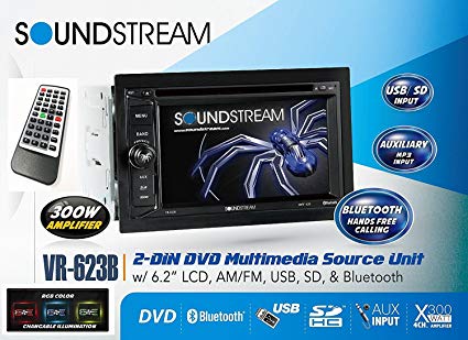 Soundstream VR-623B 6.2" Touchscreen High Resolution TFT LCD Car CD DVD MP3 Receiver w Built-in Bluetooth V3.0 Hands Free Calls Audio Streaming USB AUX SD Card Inputs LED RGB Colors AM/FM Radio Stereo