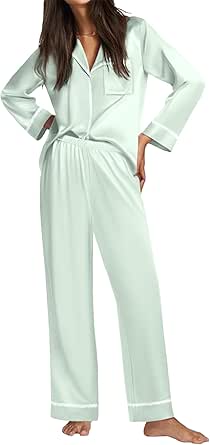 Ekouaer Satin Pajama Set for Women Silky Sleepwear Long Sleeve Top and Pants Button Down Pjs Lounge Set