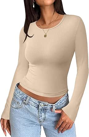 Zeagoo Women Long Sleeve T Shirts Crewneck Basic Casual Slim Fitted Knit Tops 2024 Casual Ribbed Thermal Undershirts Tee