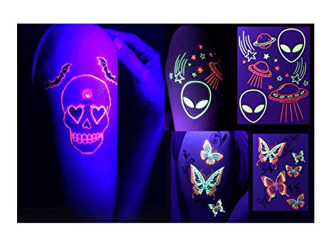 d'IRIS studio Glow Party Accessories-Value Pack-Butterflies/Aliens/Skulls Temporary Tattoos-Glow in The Dark Blacklight Flash Neon Paint Henna Rave EDM Festival Decoration Nightclub Body Art Tattoo