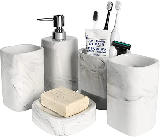 TOPSKY 5 Pieces Bathroom Accessories Set Soap Dispenser/Toothbrush Holder/Tumbler/Soap dish Gray