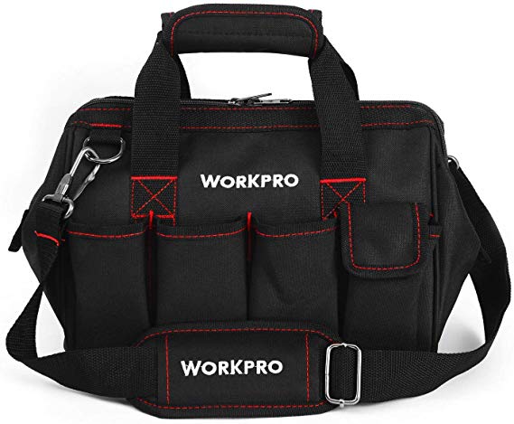 WORKPRO 12-Inch Tool Bag, Small Tool Bag Organiser, Muti-Purpose Wide Open Mouth Storage Bag, with Adjustable Shoulder Strap