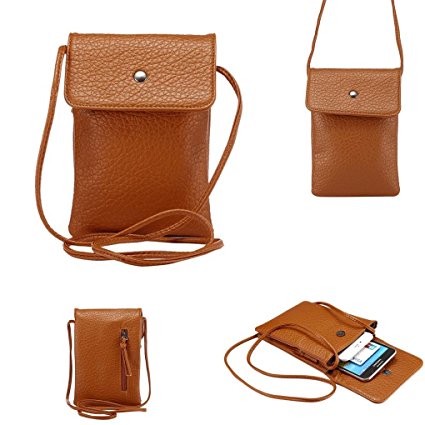 WaitingU Universal Crossbody Cell Phone Bag PU Leather Carrying Cases Credit Card Holder Shoulder Pouch Bag for iPhone 6/6S Plus 6/6S Samsung Galaxy Note Series Phones Under 6.2 inchs -Light Brown
