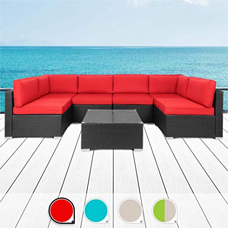 Walsunny 7pcs Patio Outdoor Furniture Sets,All-Weather Rattan Sectional Sofa with Tea Table&Washable Couch Cushions (Black Rattan (Red)