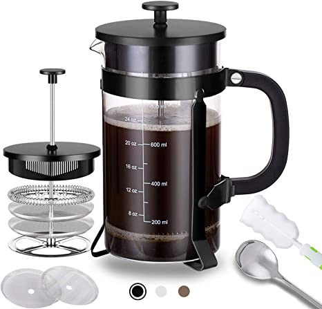 French Press Coffee Maker with 4 Filters - 304 Durable Stainless Steel - Heat Resistant Borosilicate Glass Coffee Pot Percolator, Single Serving Coffee Maker, 34 oz, Black