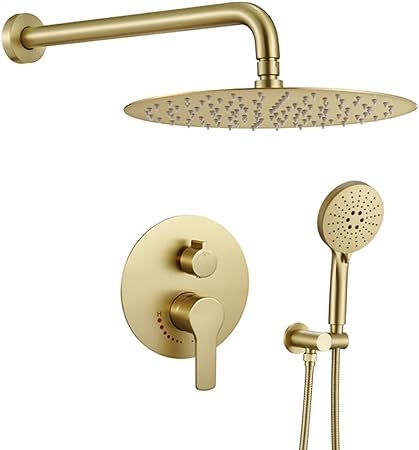 Brushed Gold Shower System with Rain Shower and Handheld, High Pressure 10 Inch Gold Shower Faucets Sets Complete with Brass Shower Valve and Trim Kit