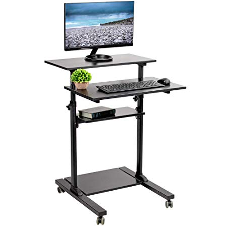 VIVO Black Mobile Height Adjustable Stand Up Desk Table with Storage | Computer Workstation Rolling Presentation Cart (CART-V02DB)