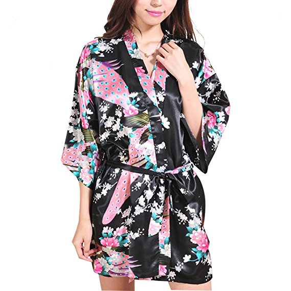 FAYBOX Bridesmaid Peacock Short Kimono Robe Wedding Satin Silk Sleepwear