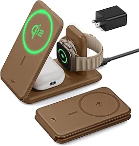 ESR Qi2 3 in 1 Charging Station for Apple, Qi2 MagSafe Charger Stand for iPhone & Apple Watch Charger [Certified], Travel Charger for iPhone 16/15/14/13/12, AirPods 4/3, Brown, No Bag