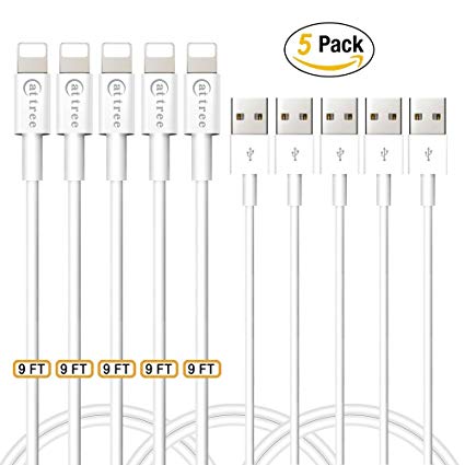 Lightning Cables, CATTREE 9FT 3M Charging Cables USB Cords Data Lines for iPhone X, 8, 8Plus, 7, 7 Plus, 6, 6 Plus, 5s, 5c, iPad Air, Mini, iPad 4th Gen, iPod Touch, Nano, iOS 9 10 11 - White 5 PACK