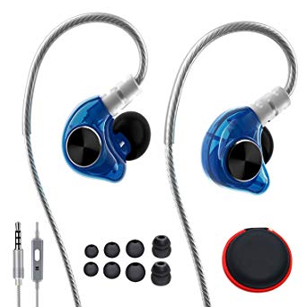 In Ear Headphones, LZHE Hi-Fi Monitor Earbuds with Noise Isolating, Mic and Remote, Flex Memory Wire Earhooks Earphones for Sports Running Jogging Gym Exercise Workout iPhone Samsung - Blue