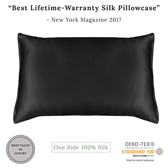 MYK Pure Natural Mulberry Silk Pillowcase, 19 Momme with Cotton Underside for Hair & Skin, Oeko-TEX, Black, King Size