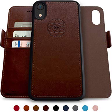Dreem Fibonacci 2-in-1 Wallet-Case for iPhone XR Magnetic Detachable Shock-Proof TPU Slim-Case, Wireless Charge, RFID Protection, 2-Way Stand, Luxury Vegan Leather, Gift-Box - Coffee