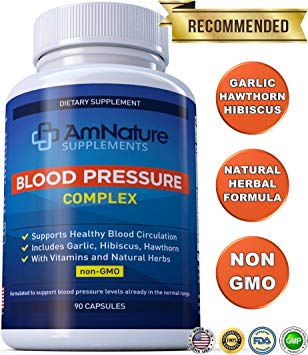 Blood Pressure Complex Supplement – Naturally Reduce Blood Pressure with Vitamins and Natural Herbs – 90 Capsules by AmNature Supplements