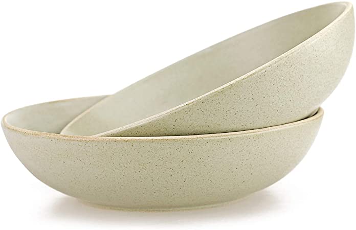STAR MOON 30 Ounce Elegant European Charm Ceramic Earthenware Bowls, Large Pasta Bowls, Microwave Safe, Dishwasher Safe, Set of 2 (Beige)