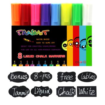 Tanmit Liquid Chalk Markers, 8 Pack Neon Color with Reversible 6mm Fine or Chisel Tip for Chalkboard, Kids Art, Menu&Bistro Boards (Free 8 Chalkboard Labels)