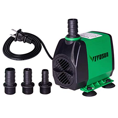 VIVOSUN 800GPH Submersible Pump(3000L/H, 24W), Ultra Quiet Water Pump with 10ft High Lift, Fountain Pump with 5ft Power Cord, 3 Nozzles for Fish Tank, Pond, Aquarium, Statuary, Hydroponics