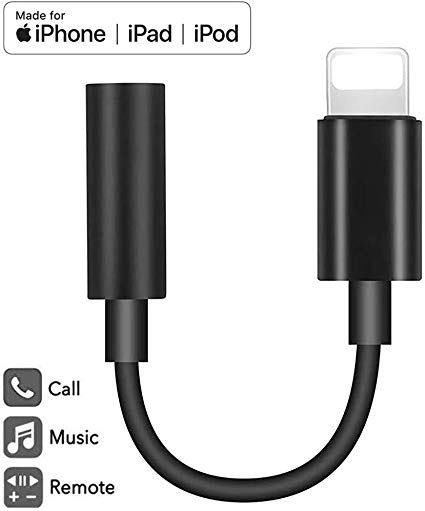 Lightning to 3.5mm Headphone Adapter for iPhone，Apple MFi Certified Aux Audio Dongle Splitter，Support for iPhone 11/Pro（Max）,X/XR/XS/XS Max,8/8 Plus,7/7 Plus【Music Control & Calling Function - Black】