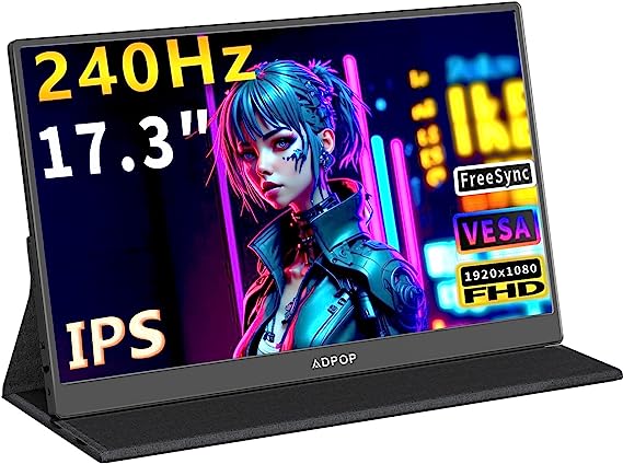 ADPOP Portable Monitor 17.3 Inch, IPS 240Hz 1080P HDR Laptop Computer Monitor Screen Extender, HDMI USB-C Second Monitor, VESA Gaming Monitor with Dual Speakers for PC/Mac/Phone/Xbox/Switch/PS4/PS5