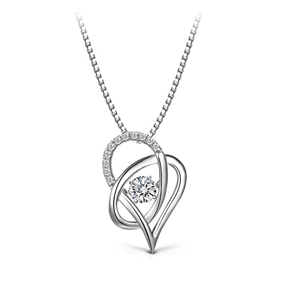 T400 Jewelers "I Love You" Interlocking Heart Dacing Stone Swarovski Zirconia Pendant Sterling Silver Necklace Gifts, 18"